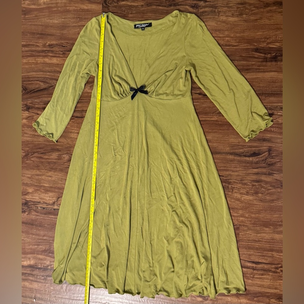 Vintage Betsey Johnson Olive 3/4 Sleeve Dress with Black Bow